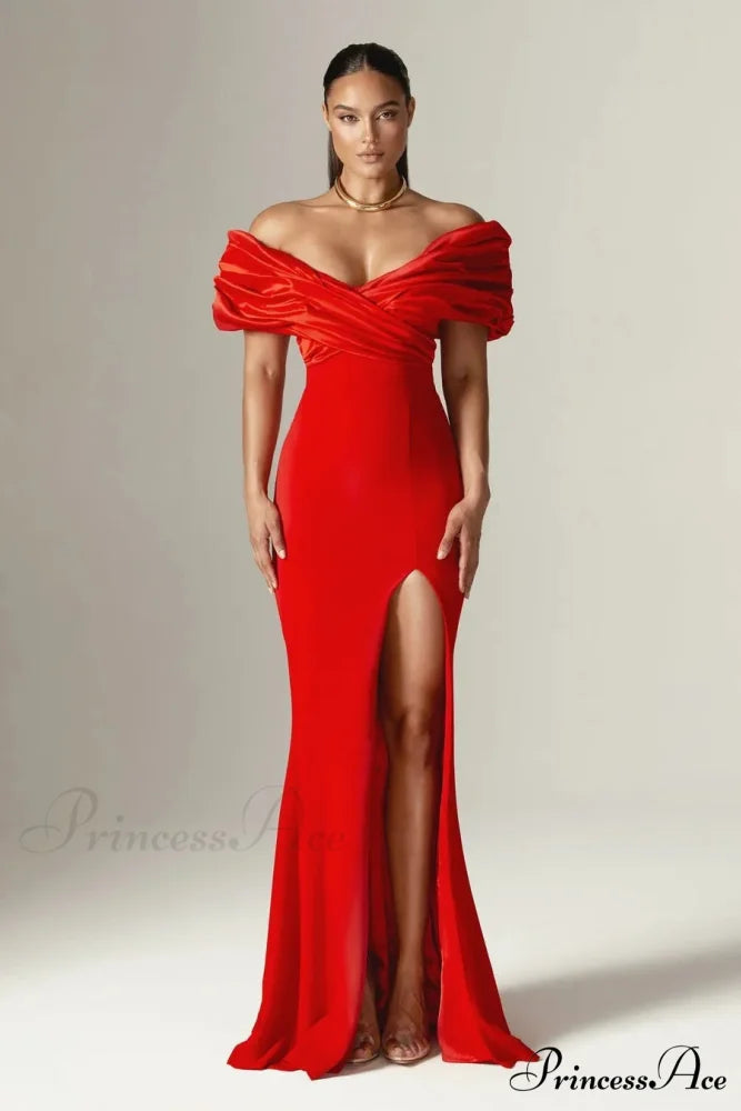 Off Shoulder Gathered Slit Silk Maxi Prom Gown