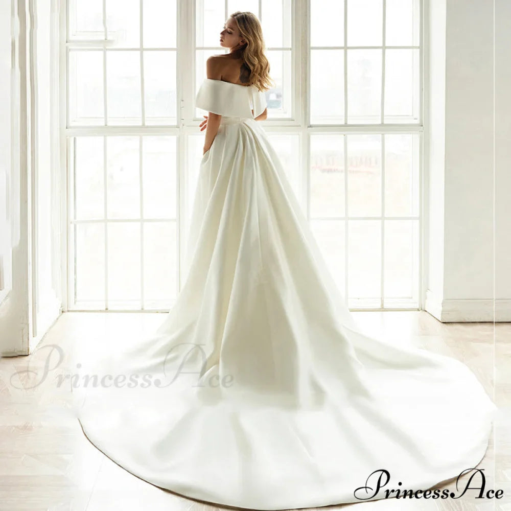 Off-Shoulder Glossy Train Wedding Gown