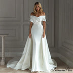 Off-Shoulder Glossy Train Wedding Gown
