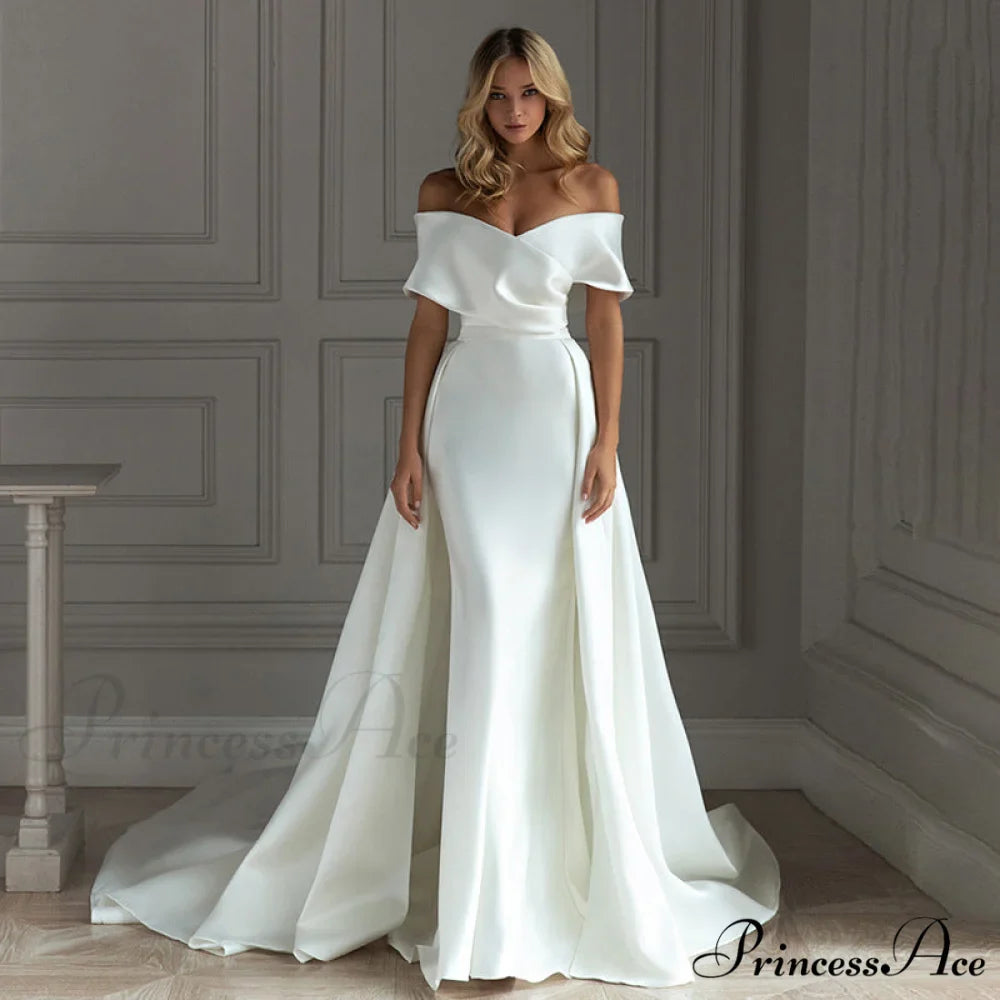 Off-Shoulder Glossy Train Wedding Gown