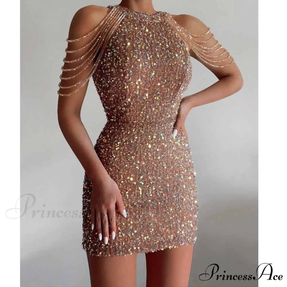 Off Shoulder Gold Sequin Short Party Bodycon Dress