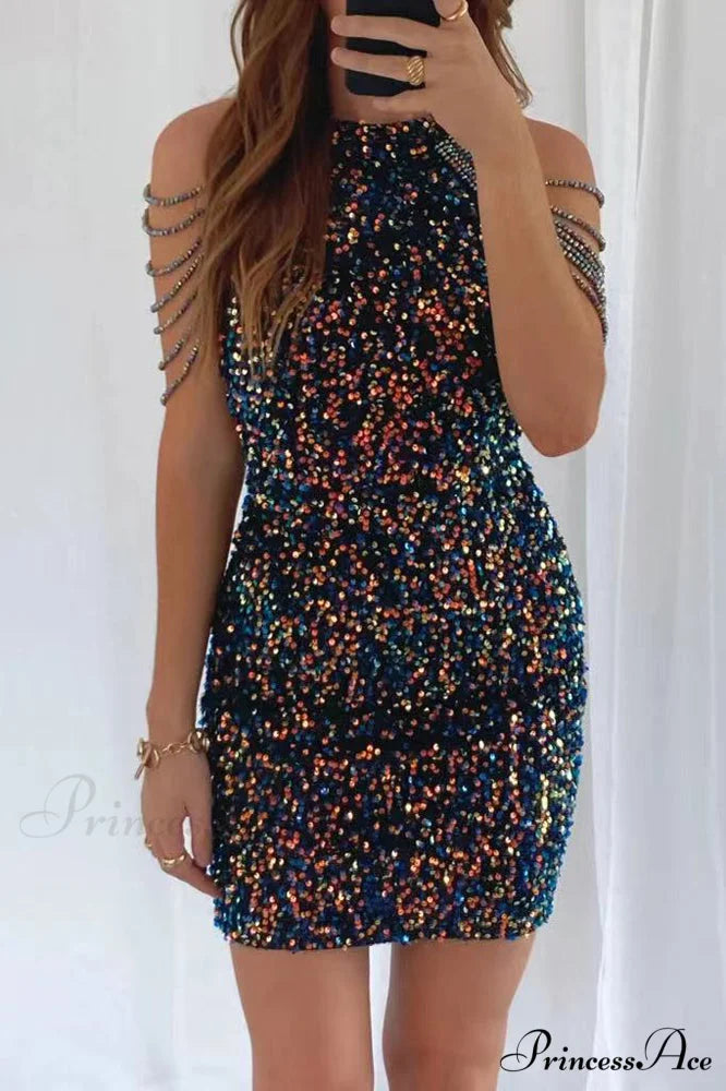 Off Shoulder Gold Sequin Short Party Bodycon Dress