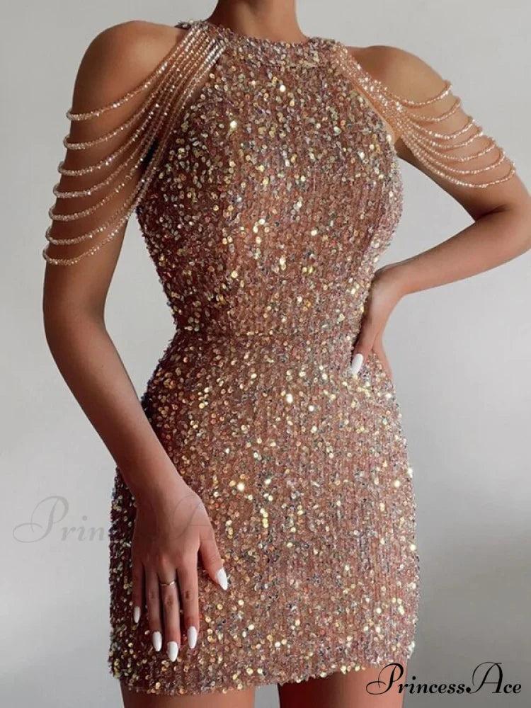 Off Shoulder Gold Sequin Short Party Bodycon Dress