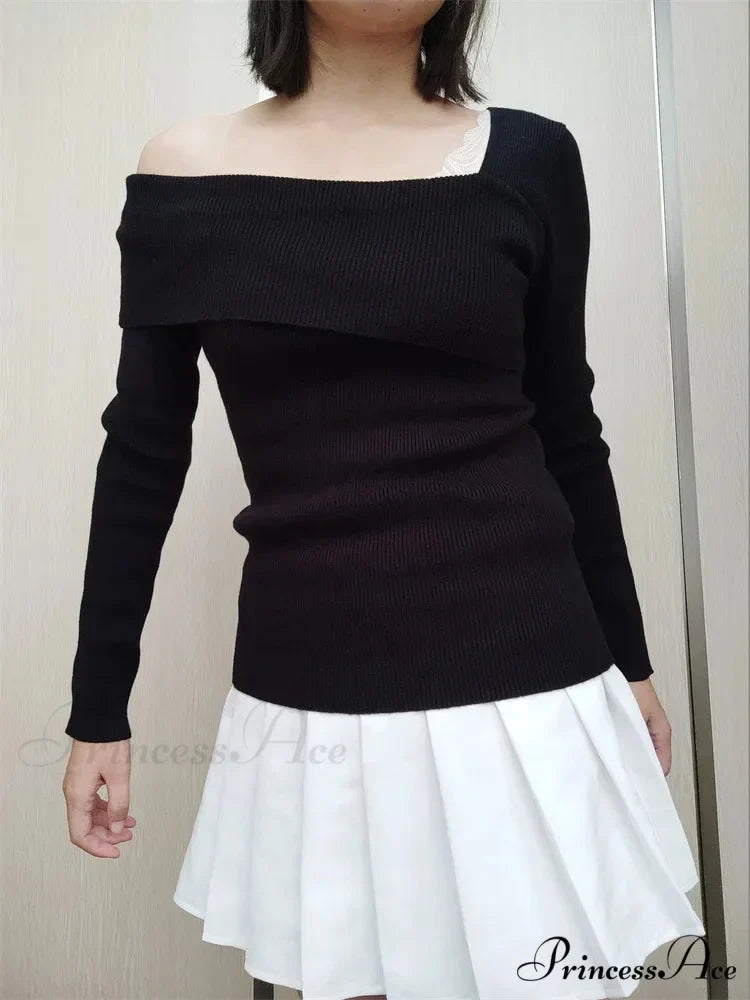 Off Shoulder Irregular Neck Long Sleeve Ribbed Knitted T-shirts