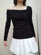 Off Shoulder Irregular Neck Long Sleeve Ribbed Knitted T-shirts