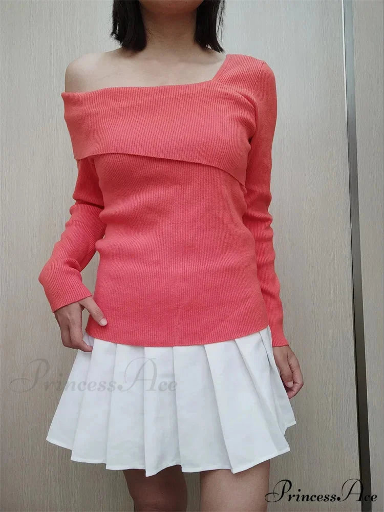 Off Shoulder Irregular Neck Long Sleeve Ribbed Knitted T-shirts
