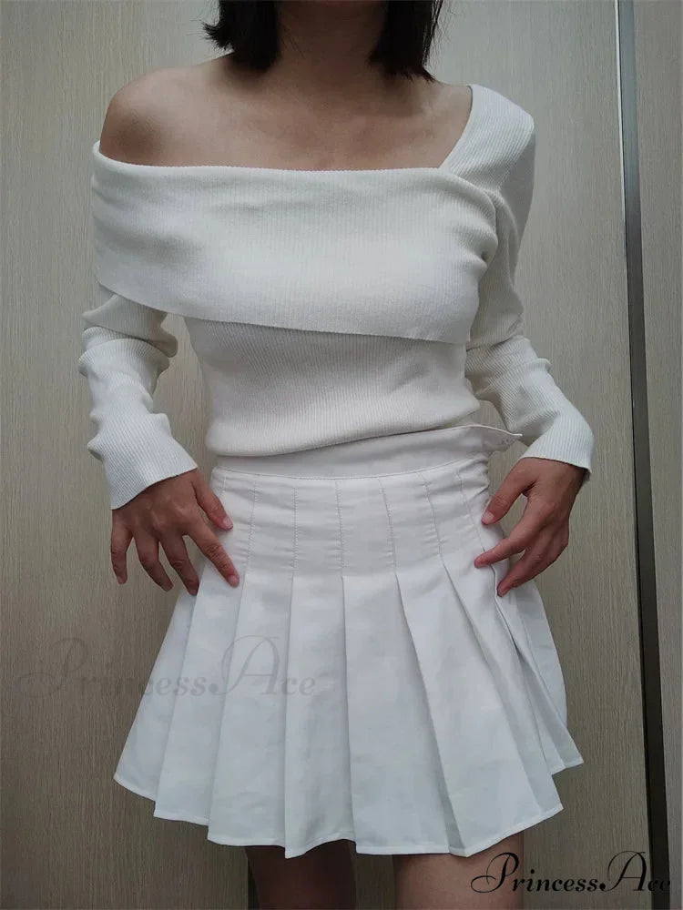 Off Shoulder Irregular Neck Long Sleeve Ribbed Knitted T-shirts