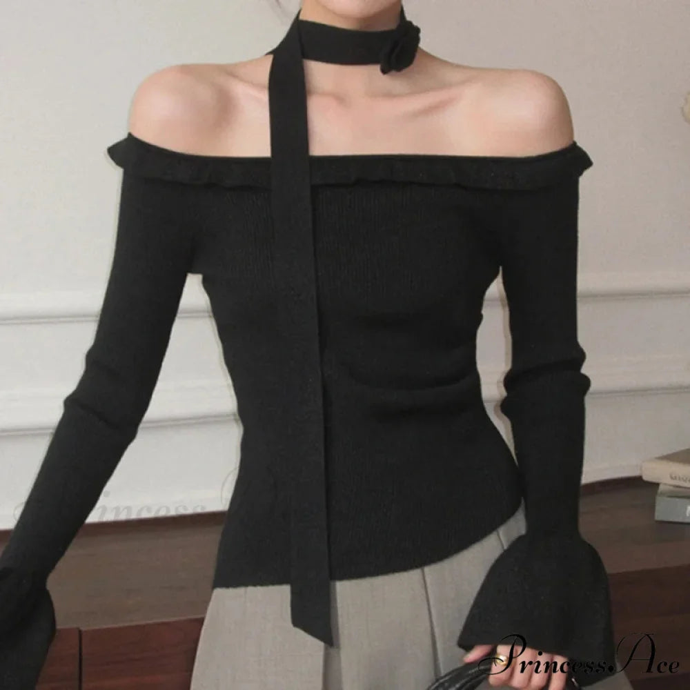 Off Shoulder Knit Crop Long Flare Sleeve Frill Trim Knit Top