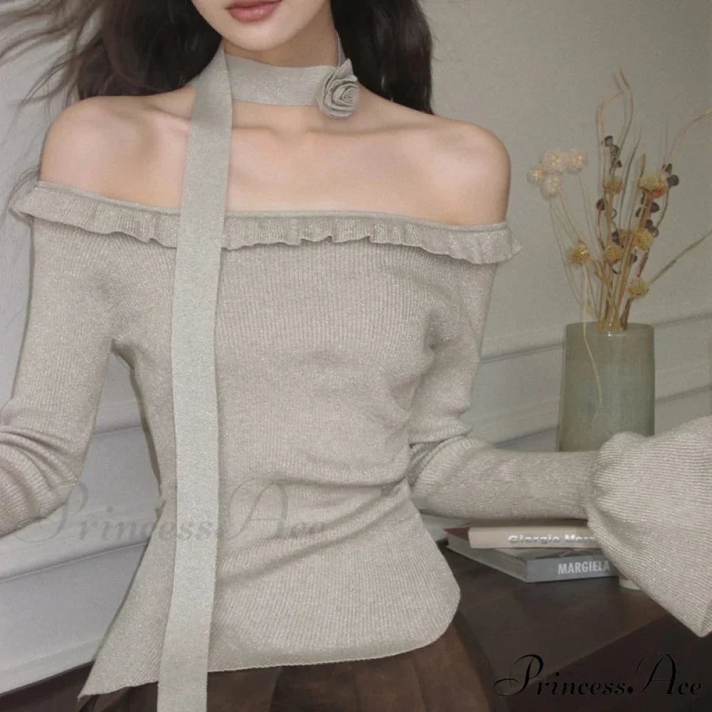 Off Shoulder Knit Crop Long Flare Sleeve Frill Trim Knit Top