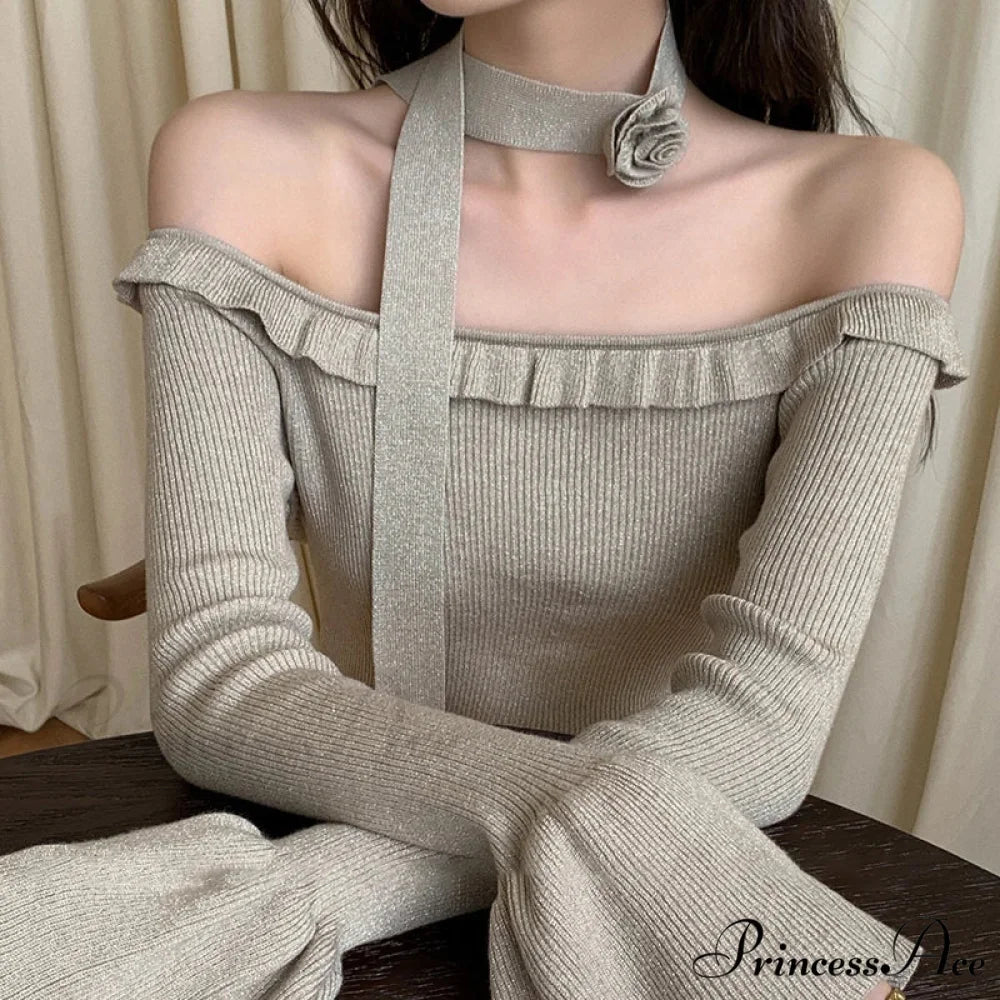 Off Shoulder Knit Crop Long Flare Sleeve Frill Trim Knit Top