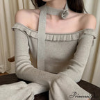 Off Shoulder Knit Crop Long Flare Sleeve Frill Trim Knit Top