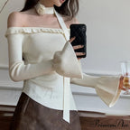 Off Shoulder Knit Crop Long Flare Sleeve Frill Trim Knit Top