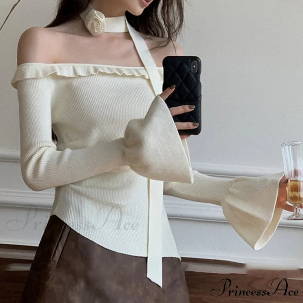 Off Shoulder Knit Crop Long Flare Sleeve Frill Trim Knit Top