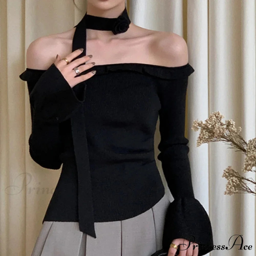 Off Shoulder Knit Crop Long Flare Sleeve Frill Trim Knit Top
