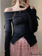 Off Shoulder Knitted Long Sleeve Solid Color Buttoned Front Split T-Shirts