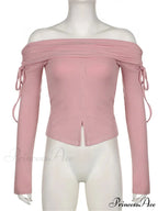 Off Shoulder Knitted Long Sleeve Solid Color Buttoned Front Split T-Shirts