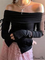 Off Shoulder Knitted Long Sleeve Solid Color Buttoned Front Split T-Shirts