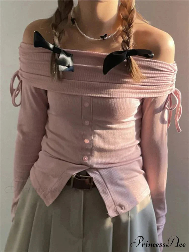 Off Shoulder Knitted Long Sleeve Solid Color Buttoned Front Split T-Shirts
