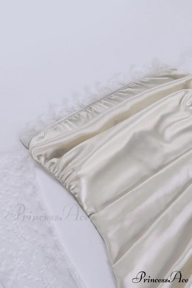 Off Shoulder Lace Sleeve Satin Ruched Dress