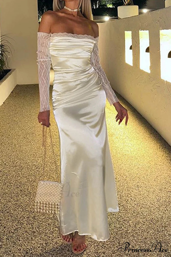 Off Shoulder Lace Sleeve Satin Ruched Dress