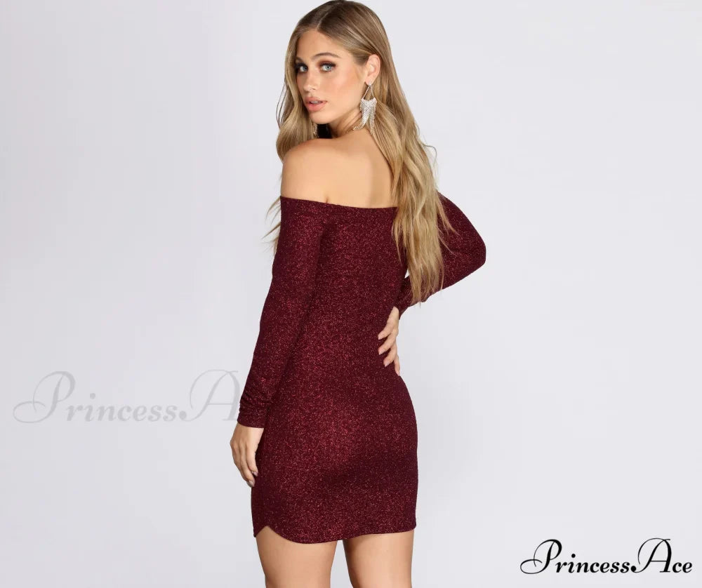 Off Shoulder Long Charming Sleeve Glittering Mini Dress