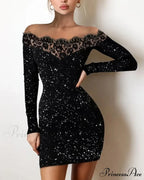Off Shoulder Long Sleeve Contrast Lace Glitter Bodycon Mini Dress