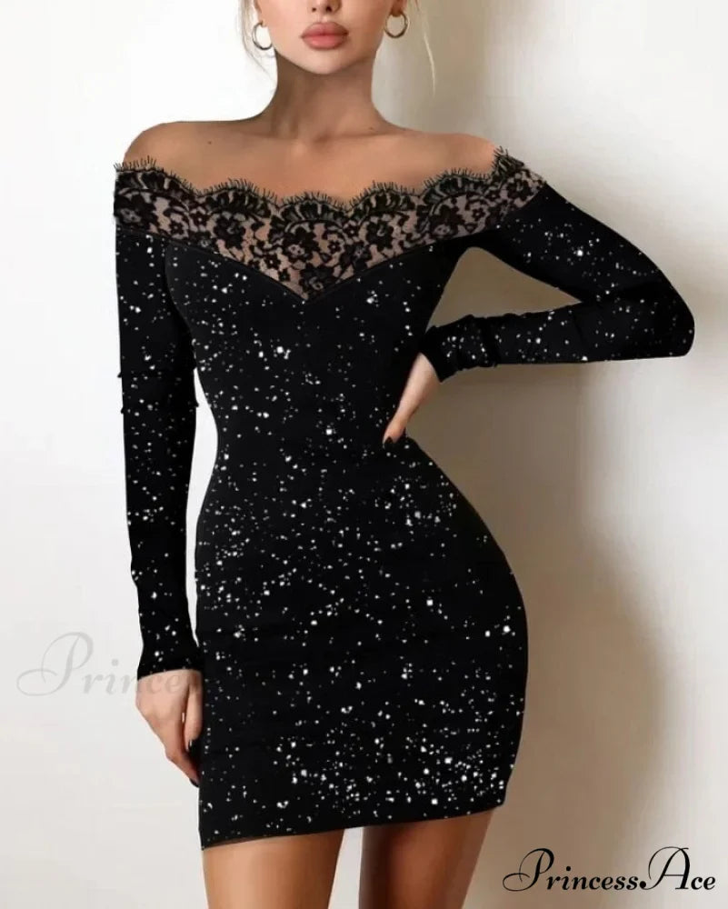 Off Shoulder Long Sleeve Contrast Lace Glitter Bodycon Mini Dress
