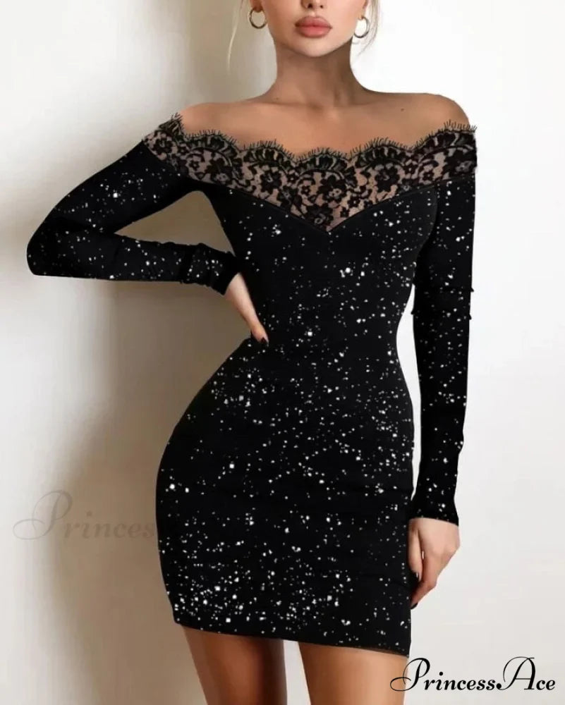 Off Shoulder Long Sleeve Contrast Lace Glitter Bodycon Mini Dress