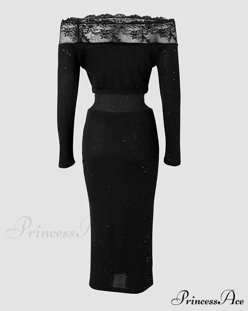Off Shoulder Long Sleeve Contrast Lace Glitter Bodycon Mini Dress