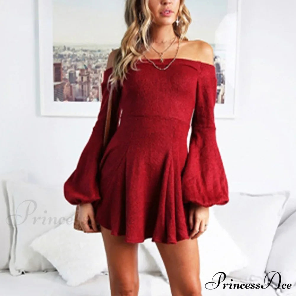 Off Shoulder Long Sleeve Slash Neck Sexy Mini Dress