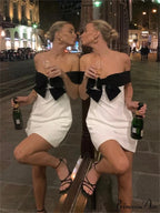 Off-Shoulder Ribbon Wrap Mini Dress