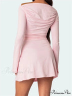 Off Shoulder Ruched Fashion Long Sleeve Irregular Neck Mini Dress