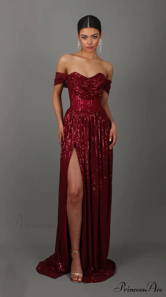 Off-Shoulder Ruched Sequin Party Dress