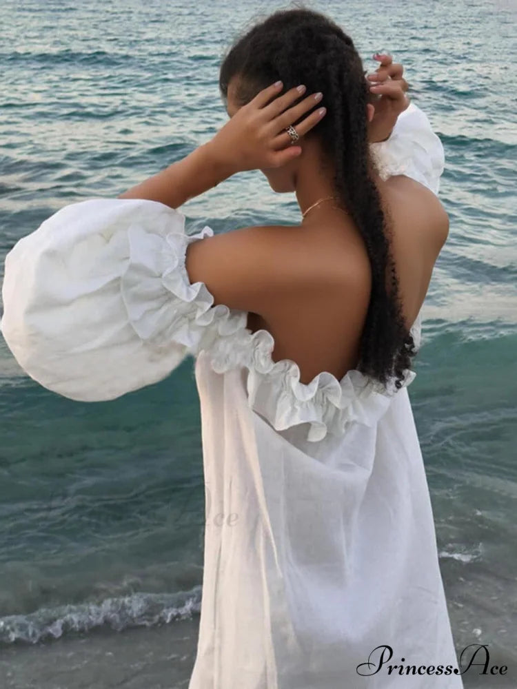 Off Shoulder Ruffle Puff Graceful Sleeve Pocketed Midi Dress