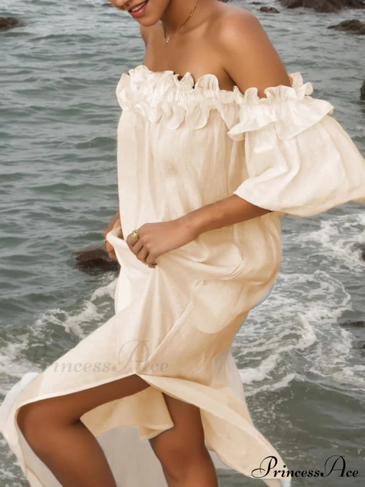 Off Shoulder Ruffle Puff Graceful Sleeve Pocketed Midi Dress