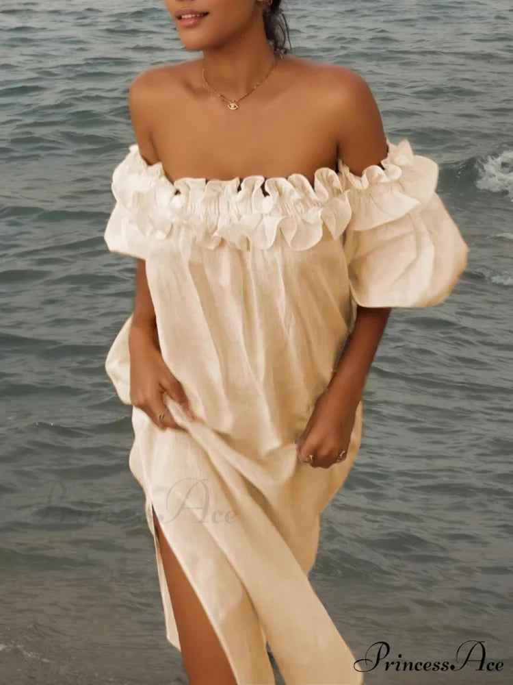 Off Shoulder Ruffle Puff Graceful Sleeve Pocketed Midi Dress