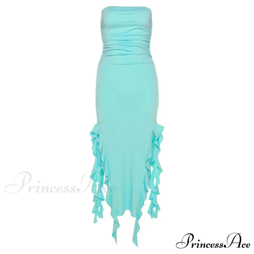 Off Shoulder Ruffles Women's Elegant Strapless Sleeveless Slim Midi Dress 2024 Summer Fashion Evening Party