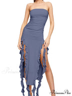 Off Shoulder Ruffles Women's Elegant Strapless Sleeveless Slim Midi Dress 2024 Summer Fashion Evening Party