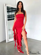 Off Shoulder Ruffles Women's Elegant Strapless Sleeveless Slim Midi Dress 2024 Summer Fashion Evening Party
