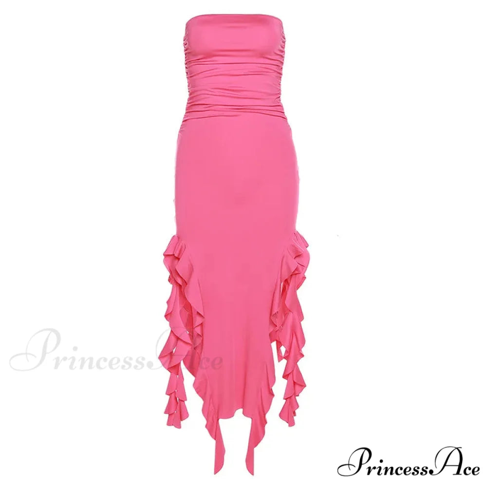 Off Shoulder Ruffles Women's Elegant Strapless Sleeveless Slim Midi Dress 2024 Summer Fashion Evening Party