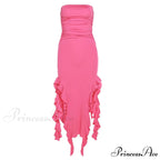 Off Shoulder Ruffles Women's Elegant Strapless Sleeveless Slim Midi Dress 2024 Summer Fashion Evening Party