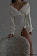 Off Shoulder Satin Dress with Gathered Silt