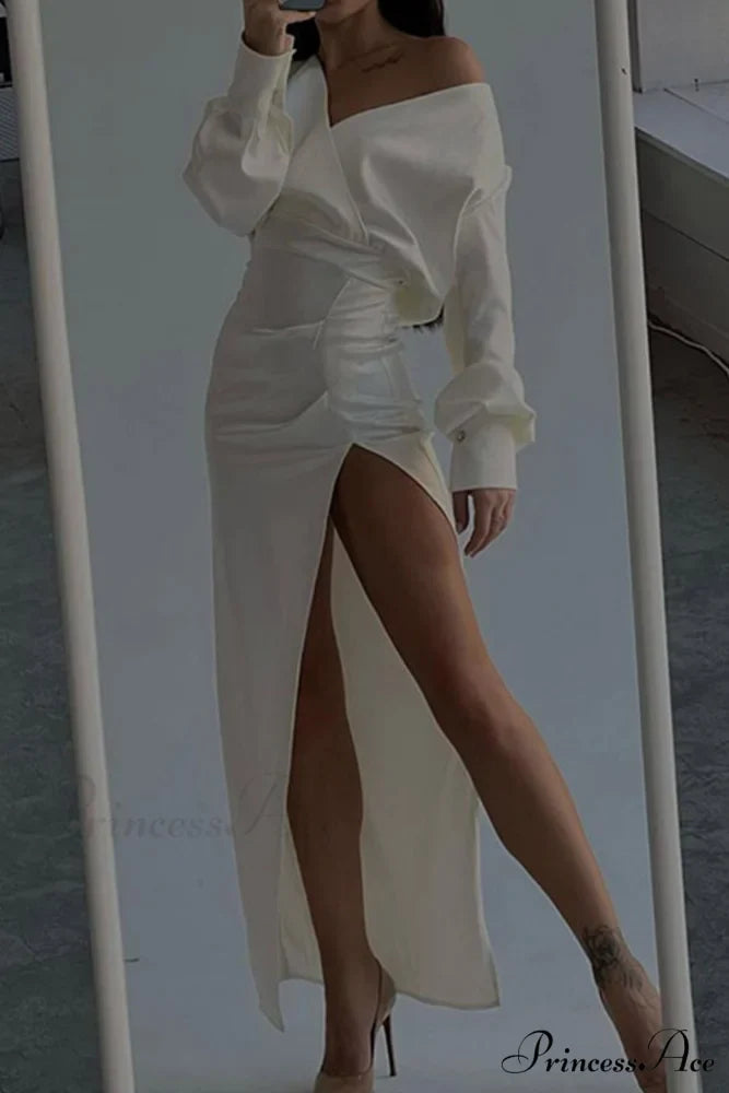 Off Shoulder Satin Dress with Gathered Silt