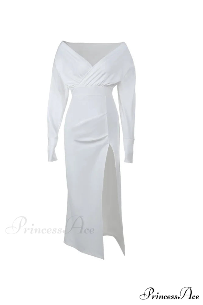 Off Shoulder Satin Dress with Gathered Silt