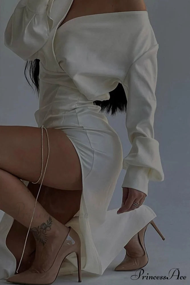 Off Shoulder Satin Dress with Gathered Silt