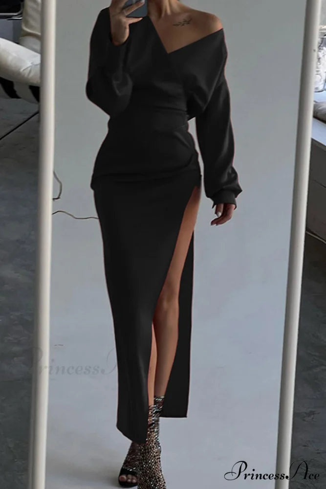 Off Shoulder Satin Dress with Gathered Silt