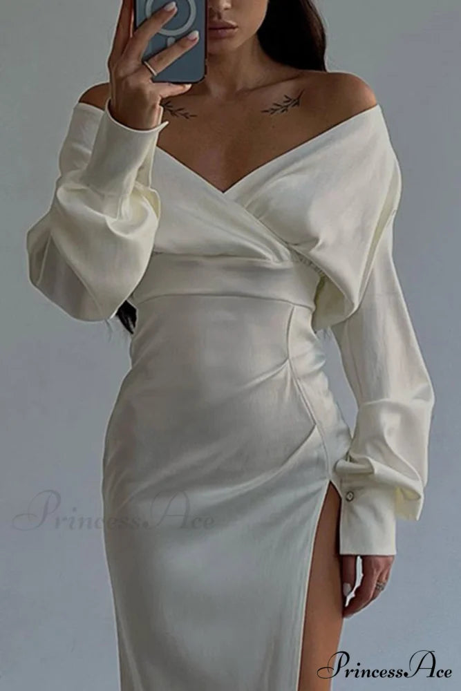 Off Shoulder Satin Dress with Gathered Silt