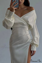 Off Shoulder Satin Dress with Gathered Silt