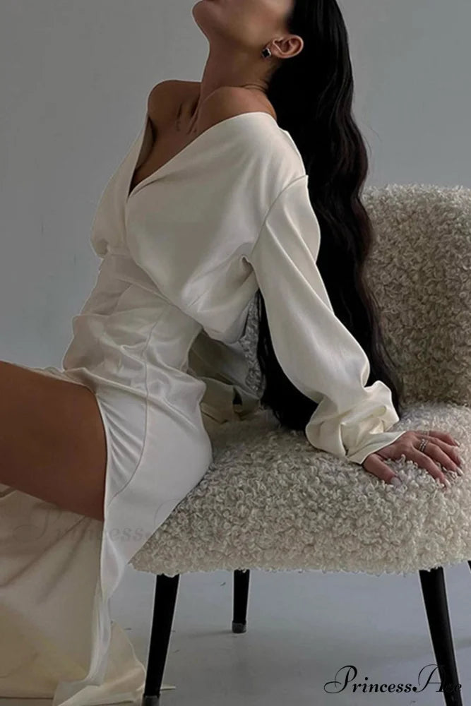 Off Shoulder Satin Dress with Gathered Silt