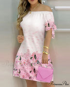 Off Shoulder Sexy Short Sleeve Bow Tie Striped Floral Print Mini Dress